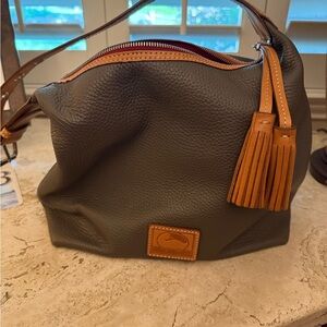 Dooney & Bourke Gray and Tan Hobo Bag with Leather Tassel